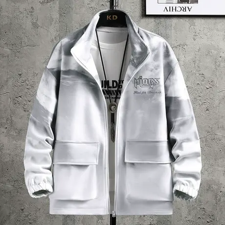 渐变色立领夹克男潮牌春秋款工装外套男青少年休闲宽松港风上衣服图片