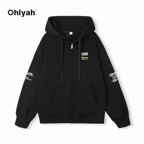 Ohlyah美式街头拉链连帽开衫卫衣男女款秋冬宽松百搭休闲黑色外套商品大图