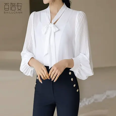 百洛安系带蝴蝶结衬衫女春时尚百褶袖宽松白色衬衣气质轻熟风上衣图片