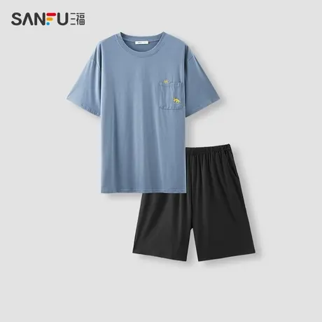 三福男夏季凉爽抗菌睡衣套装 宅家口袋刺绣宽松家居服480115商品大图