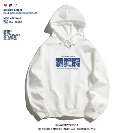 秋冬季潮牌港风卡通宇航员印花卫衣男青少年宽松休闲加绒帽衫上衣图片