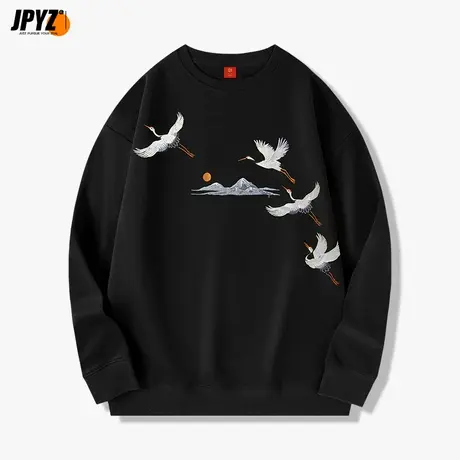 国潮仙鹤刺绣印花圆领套头卫衣男生纯棉宽松加绒加厚上衣潮牌外套图片