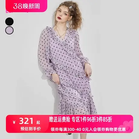 妖精的口袋法式波点雪纺连衣裙女2023春新款长袖v领宽松显瘦裙子图片
