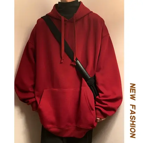 秋季新款情侣连帽纯色套头卫衣男ins潮流2023宽松百搭休闲上衣服商品大图