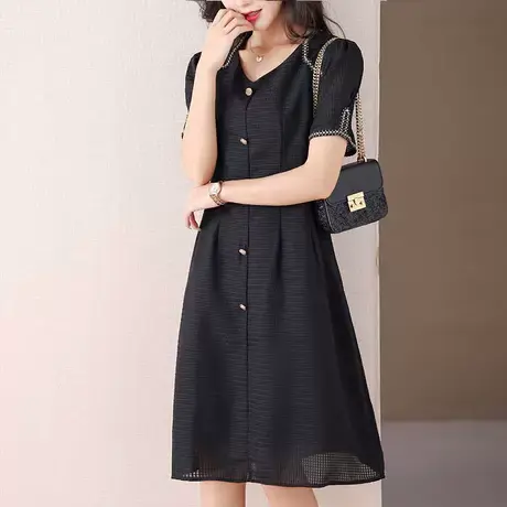 伊自尚2023年夏季新款赫本风法式小黑裙胖mm遮肉显瘦V领连衣裙女商品大图