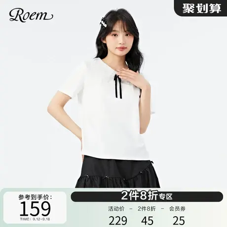 Roem商场同款春秋新品白色娃娃领蕾丝圆领舒适弹力T恤短袖图片