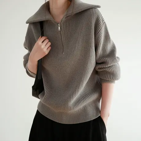 专享2023春秋新款POLO针织衫女宽松翻领上衣复古减龄毛衣慵懒风图片