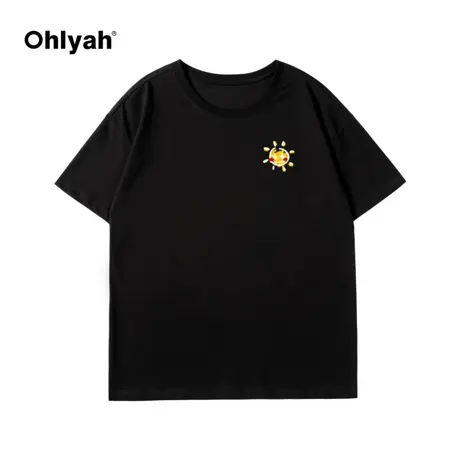 2023年夏季新款短袖t恤女太阳笑脸纯棉打底衫黑色宽松体恤上衣潮商品大图