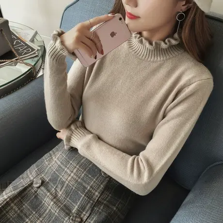 2023秋冬新款荷叶边半高领针织衫长袖打底衫套头毛衣女上衣修身潮图片