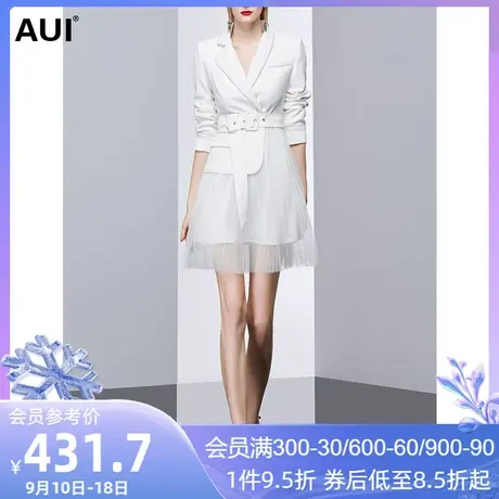 AUI小个子网纱拼接百褶连衣裙女春2023新款轻熟风不规则西装裙子图片