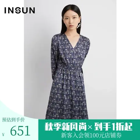 恩裳春秋季时尚收腰舒适休闲原创复古印花连衣裙女图片