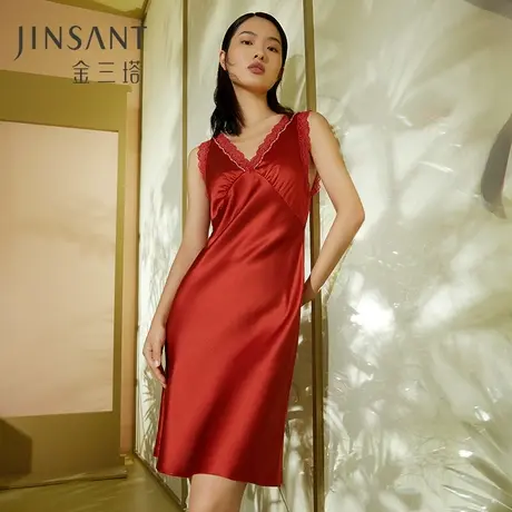 金三塔19姆米重磅100%桑蚕丝真丝性感美背红色婚庆本命年睡裙睡衣图片