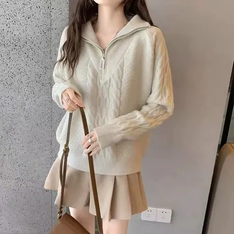 冬季立领半拉链毛衣打底衫女秋冬2023新款洋气内搭加厚麻花爆款女商品大图