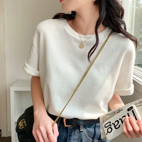 华夫格白色短袖T恤女夏季宽松ins潮韩版2023新款纯棉圆领半袖上衣图片