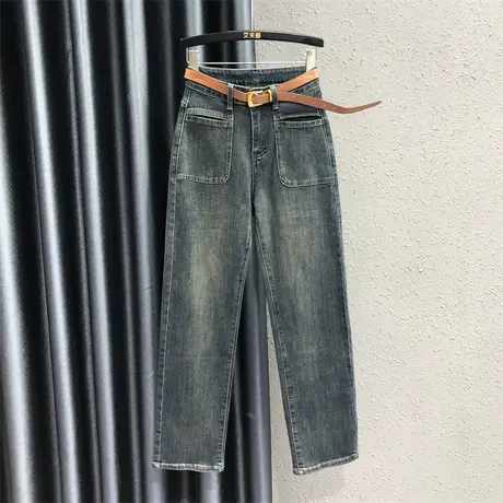 欧货简约休闲牛仔长裤女2023秋季新款高腰显瘦双口袋设计感直筒裤商品大图