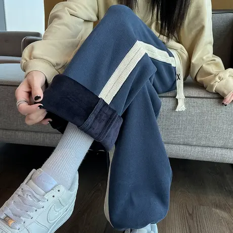 蓝色运动裤女2023秋冬新款高腰阔腿宽松加绒休闲抽绳两穿灯笼卫裤图片