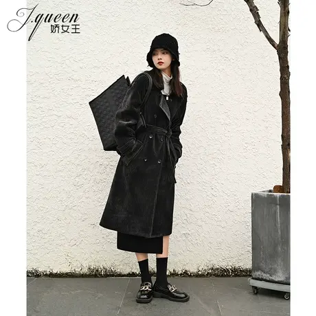 灯芯绒外套女加厚秋冬新款复古系带韩版宽松洋气中长款过膝大衣潮商品大图