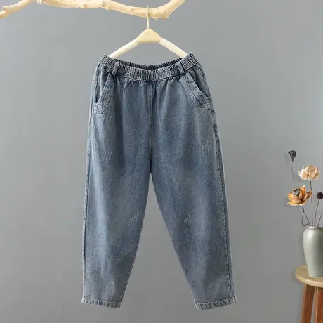 宽松大码蓝色牛仔裤女2023春季新款文艺范纯色哈伦裤九分裤休闲裤商品大图