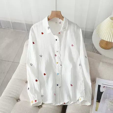 春秋新款2021白色木耳边纯棉双层棉纱打底衬衫女士宽松内搭衬衣商品大图