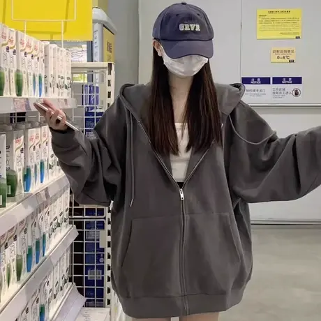 oversize卫衣女2023春秋薄款宽松韩版上衣慵懒风连帽开衫拉链外套图片