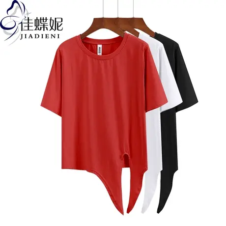 春夏新款圆领短袖简约纯色韩版T恤开叉下摆打结体恤上衣女装上衣图片