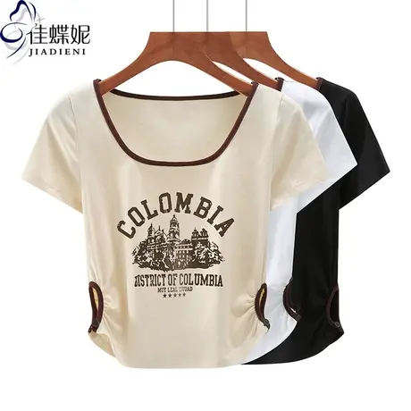 夏季新韩版圆领纯色短款纯欲印花短袖体恤上衣内搭女纯棉修身打底商品大图