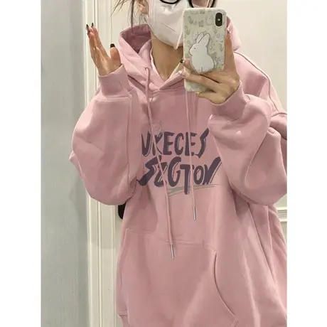 oversize美式连帽粉色卫衣女春秋薄款宽松慵懒风早秋上衣外套潮牌图片