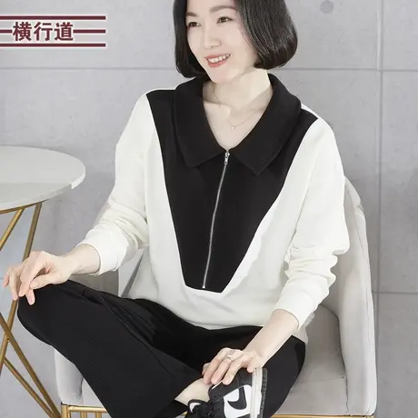 2023冬季新款韩版娃娃领宽松拼色长袖女衣大码黑白撞色体恤妈妈装图片