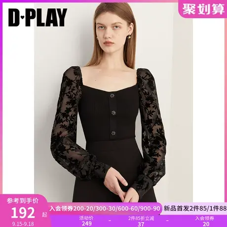 DPLAY2023秋装法式优雅经典黑修身方领丝绒提花拼接钻扣针织上衣商品大图