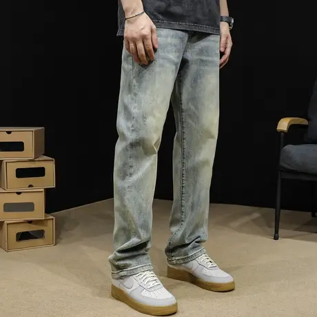 直筒牛仔裤男美式复古高街潮牌阔腿春秋宽松男款裤子秋季2023新款商品大图