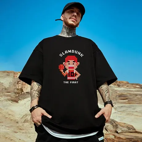 摩严oversize潮牌胖子男装大码日系纯棉宽松卡通短袖T恤半袖潮流商品大图