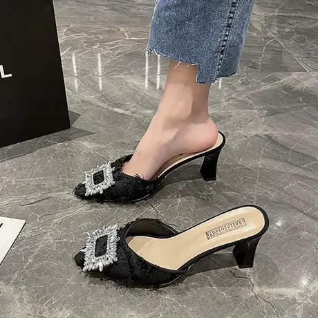 小香风尖头半拖鞋女夏季外穿时尚方扣水钻粗高跟气质复古法式凉拖商品大图