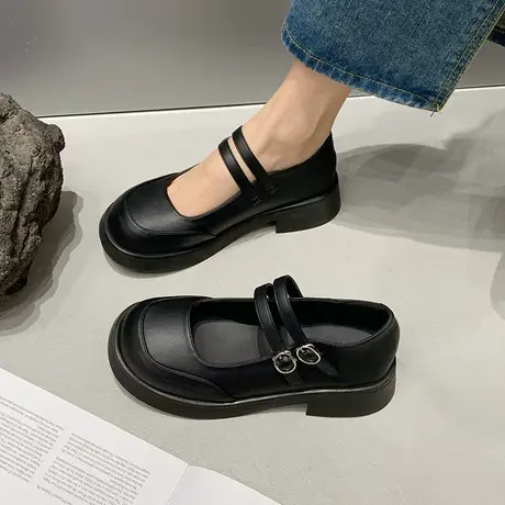 单鞋女夏季2023新款粗跟防滑浅口玛丽珍鞋设计感小众配裙子小皮鞋商品大图