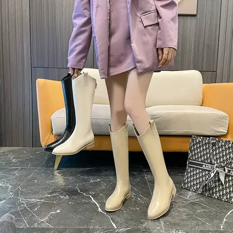 不过膝尖头长筒靴女粗跟2022年秋冬季新款时尚V口百搭高筒骑士靴商品大图