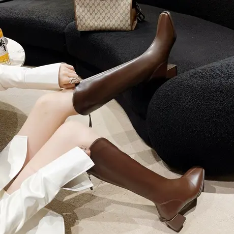 2023新款弹力方头粗跟V口长筒靴女后拉链显瘦不过膝高筒骑士长靴商品大图