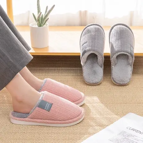 日系简约居家棉拖鞋女秋冬季情侣室内家居毛绒保暖软底包头拖鞋男图片