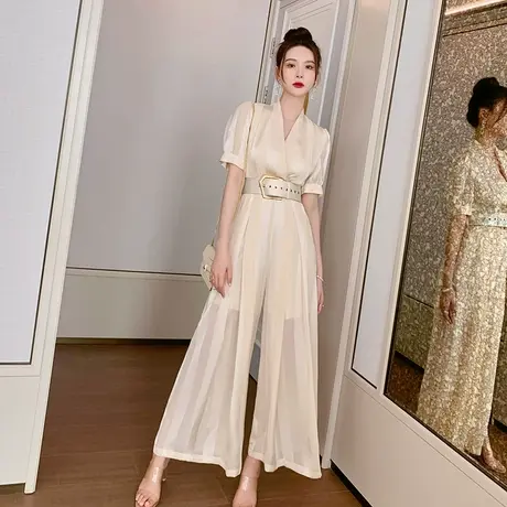 法式名媛气质工装连体裤女夏轻奢御姐高腰显瘦阔腿裤薄款职业套装商品大图