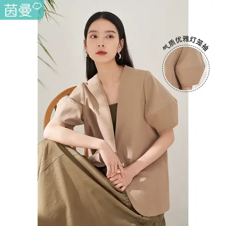 【商场同款】茵曼V领西装短袖外套女2023春季新款灯笼袖气质宽松图片