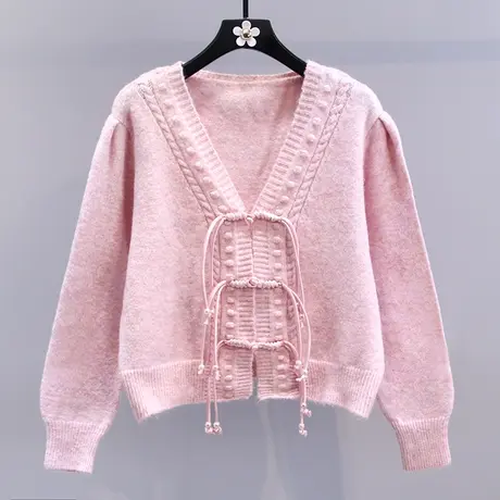 小清新盘扣粉色毛衣外套女秋冬2023新款宽松设计感小众针织开衫图片