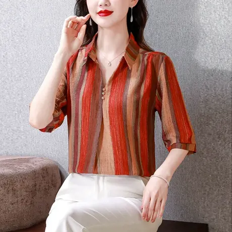 时尚中袖衬衫女夏装2023新款条纹雪纺衬衣妈妈装宽松遮肚子小衫女商品大图