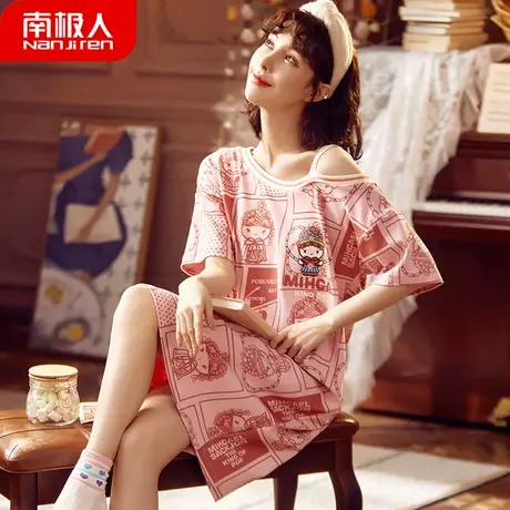 睡裙女夏季 纯棉 短袖薄款性感露肩女士孕妇大码京剧睡衣女款夏款商品大图