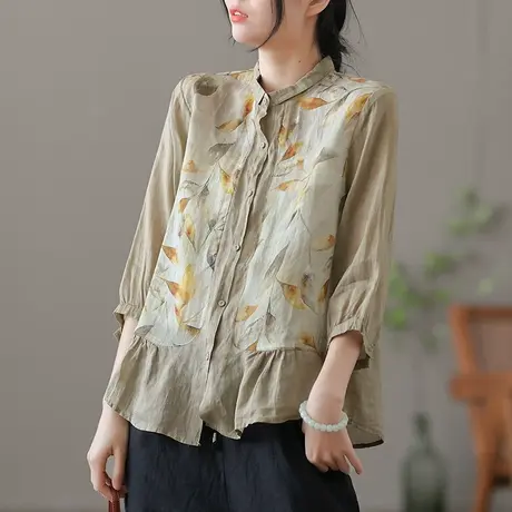 dza 复古薄款高端苎麻上衣女士七分袖衬衫2022夏气质半袖棉麻衬衣商品大图