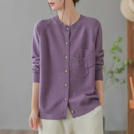 dza 复古圆领长袖毛衣外套女士春秋新款宽松针织开衫休闲外搭上衣图片