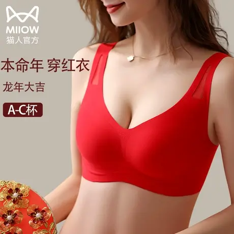 猫人本命年龙红色内衣内裤女结婚新娘小胸聚拢无痕文胸罩套装礼盒图片