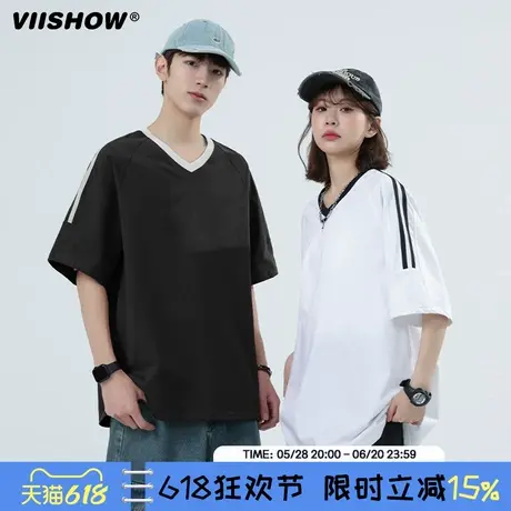 VIISHOW新款美式条纹短袖T恤男款夏季潮牌宽松休闲半袖v领上衣服商品大图