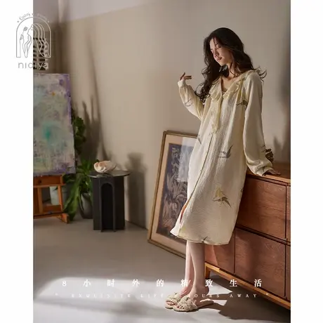 妮狄娅睡衣睡裙女春季纯棉纱布长袖甜美优雅开衫中长裙春秋家居服商品大图