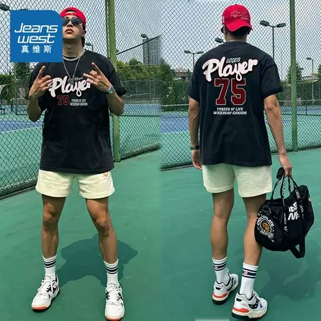 G2真维斯男装2025夏季新款 美式高街圆领宽松男士重磅纯棉短袖T恤商品大图