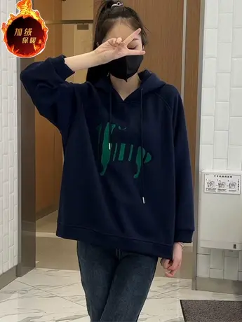 2023秋冬季新款卡通刺绣加绒卫衣连帽百搭加厚小个子上衣ins潮款商品大图