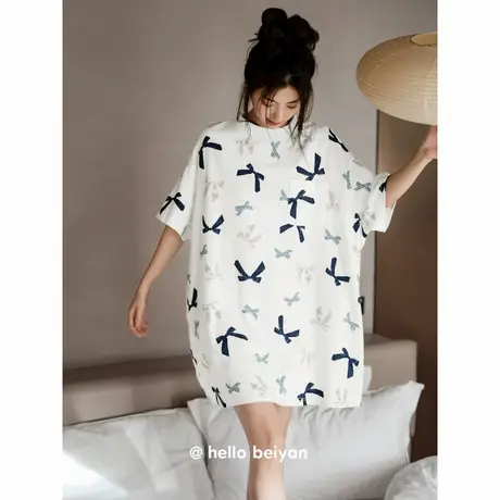 贝妍纯棉睡裙女款夏季圆领短袖蝴蝶结睡衣休闲少女大码短款连衣裙商品大图