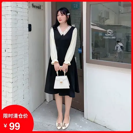 2023早秋季新款V领法式桔梗显瘦遮肉胖妹妹大码连衣裙气质中长款图片